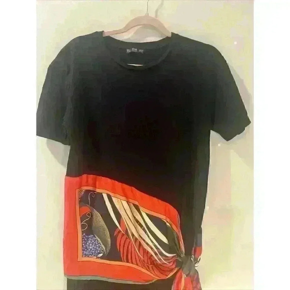 Zara Collection Black Cotton Dress Contrasting Colorful Scarf Midi Size Small - Picture 5 of 11